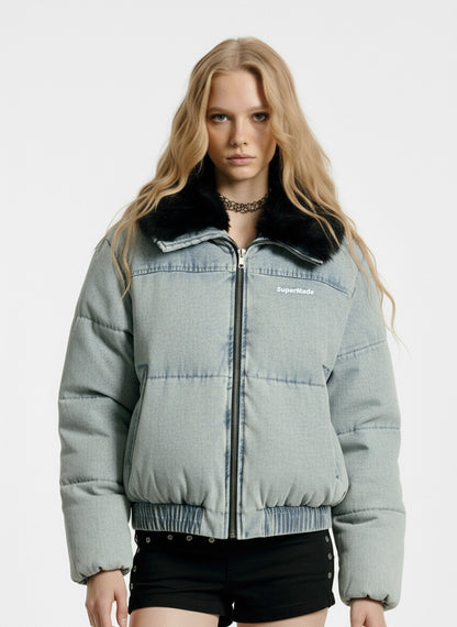 Retro Washed Denim Faux Fur Collar Quilted Jacket