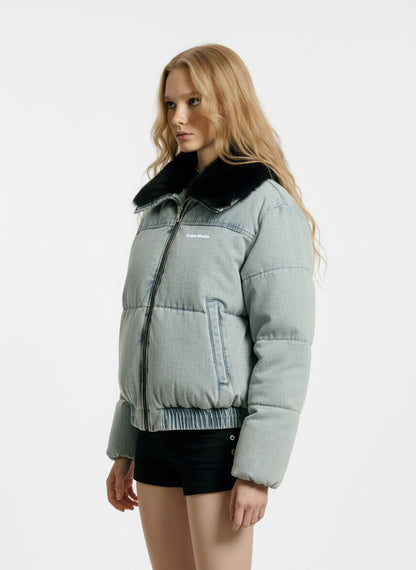 Retro Washed Denim Faux Fur Collar Quilted Jacket
