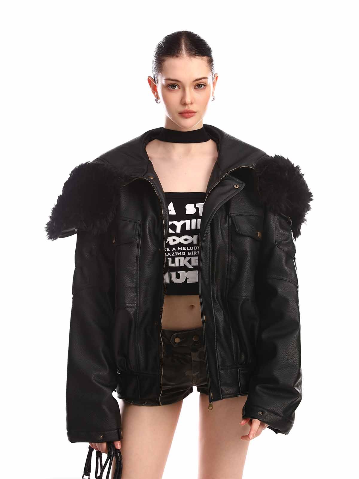 Retro Detachable Fur Collar PU Multi-Pocket Bomber Jacket