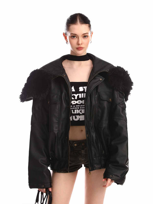 Retro Detachable Fur Collar PU Multi-Pocket Bomber Jacket