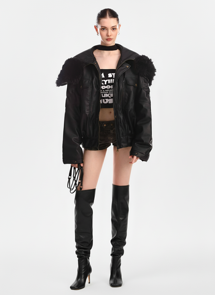 Retro Detachable Fur Collar PU Multi-Pocket Bomber Jacket