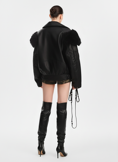 Retro Detachable Fur Collar PU Multi-Pocket Bomber Jacket