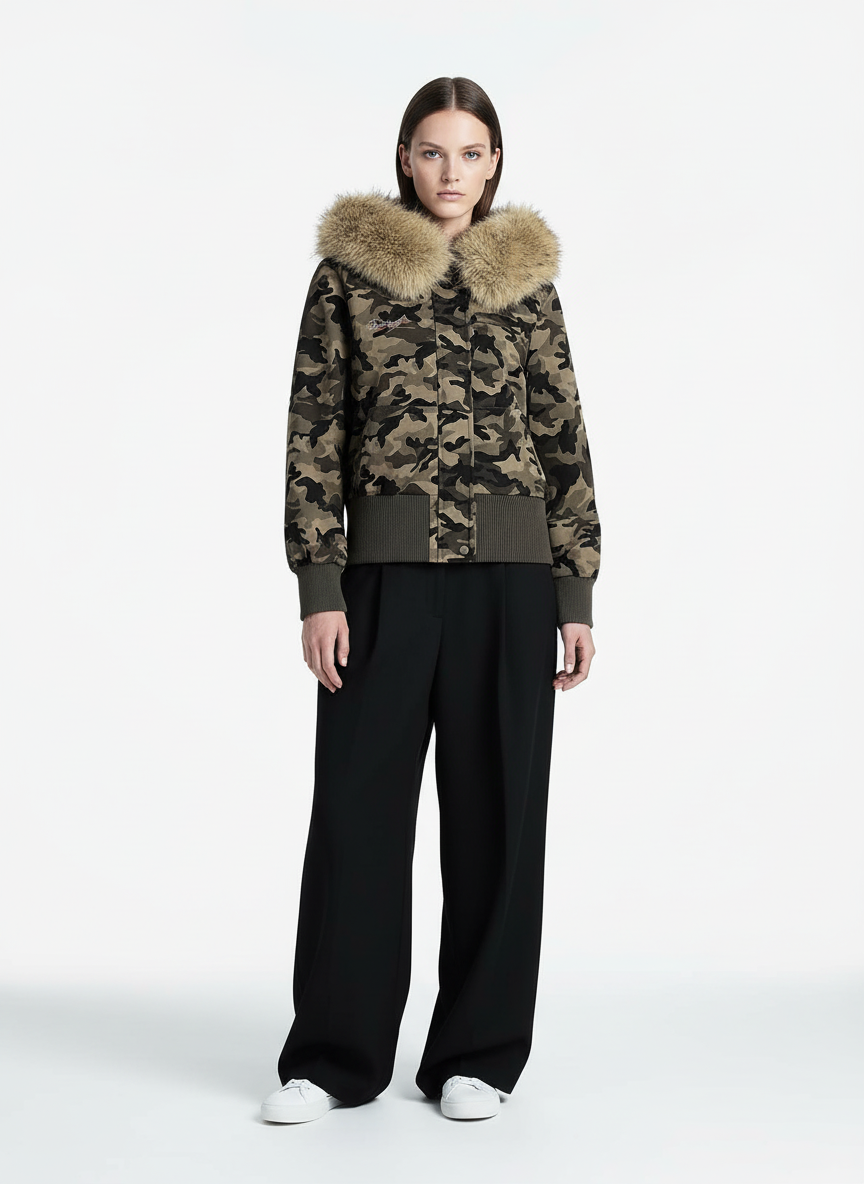 Camouflage Embroidery Patchwork Cardigan Fur Collar Hooded Sweatshirt