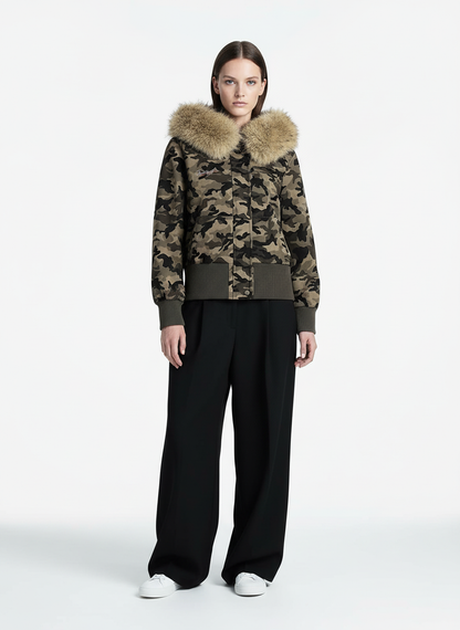 Camouflage Embroidery Patchwork Cardigan Fur Collar Hooded Sweatshirt