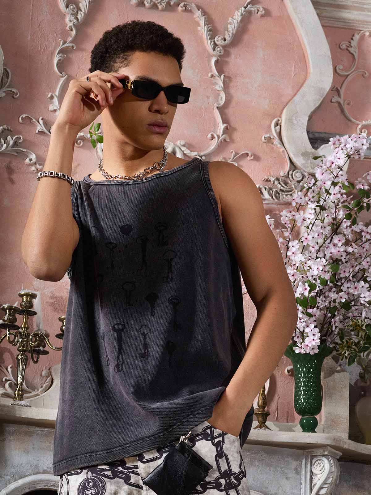 Supermade Washed Distressed Key Print Vest?