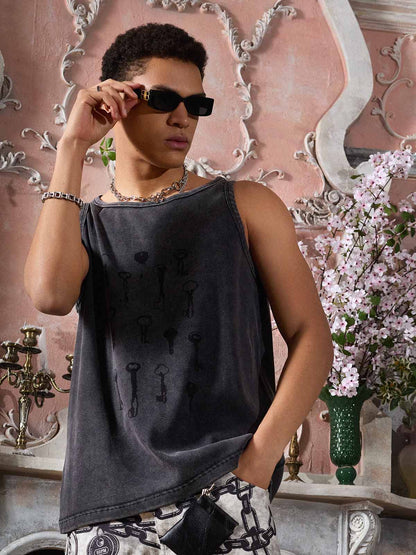 Supermade Washed Distressed Key Print Vest?