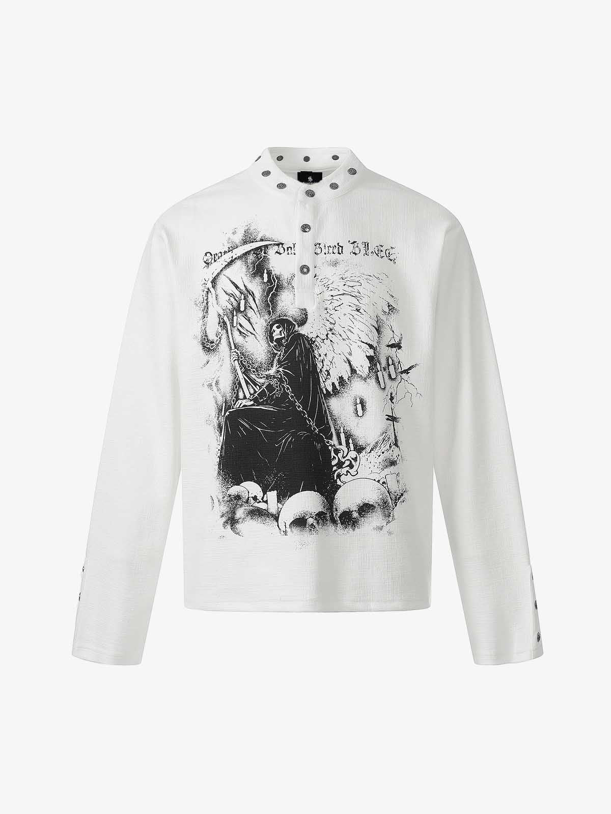 Cotton Long Sleeve Henley Shirt with Gothic Reaper Print Dark Black Graphic Sweatshirt for Men?