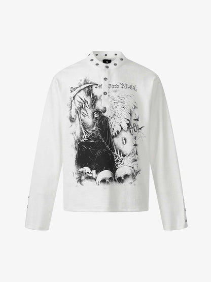 Cotton Long Sleeve Henley Shirt with Gothic Reaper Print Dark Black Graphic Sweatshirt for Men?