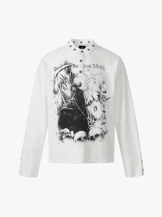 Cotton Long Sleeve Henley Shirt with Gothic Reaper Print Dark Black Graphic Sweatshirt for Men?