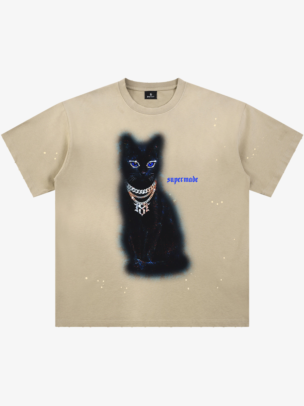 Cotton Black Cat Graphic T-Shirt with Chain Print and Splatter Design?