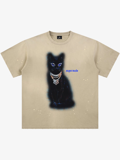 Cotton Black Cat Graphic T-Shirt with Chain Print and Splatter Design?