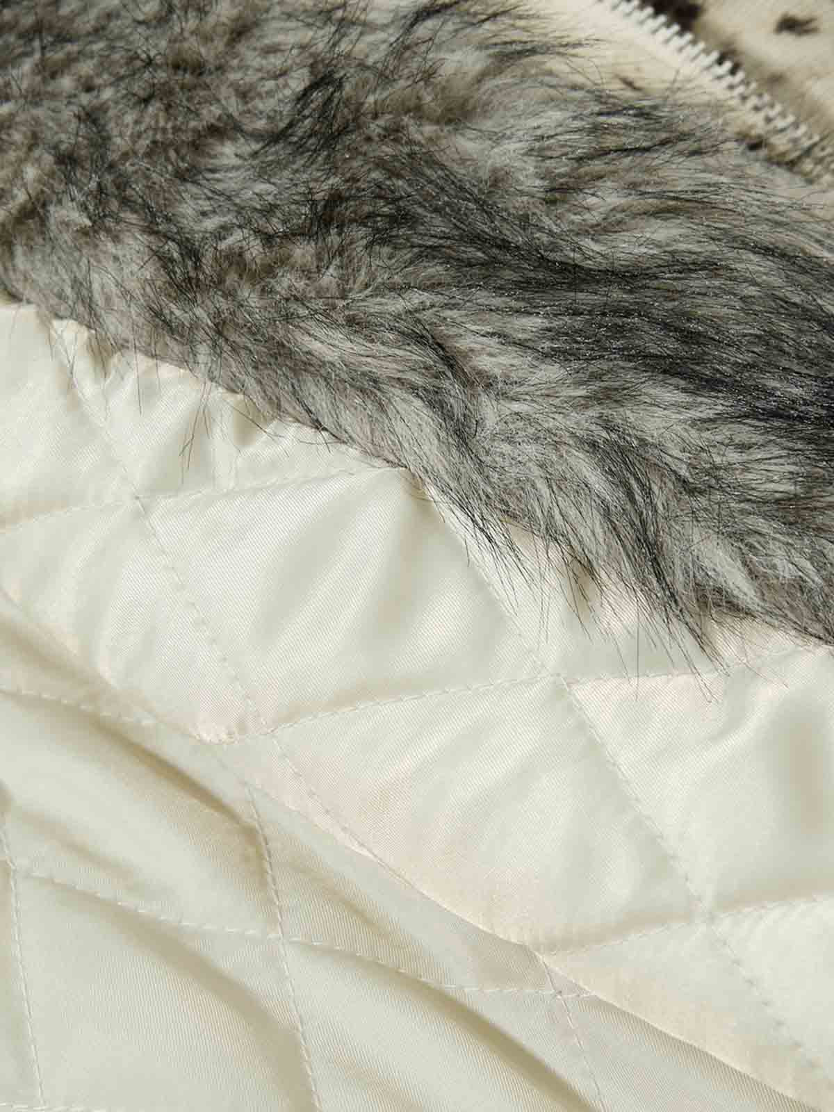 Splatter Print Faux Fur Collar Ruched Sleeve Zip-Up Jacket