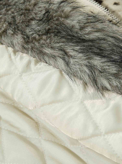 Splatter Print Faux Fur Collar Ruched Sleeve Zip-Up Jacket