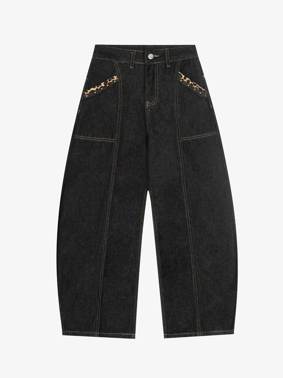 Denim Wide-Leg Trousers with Leopard Patch Detailing?