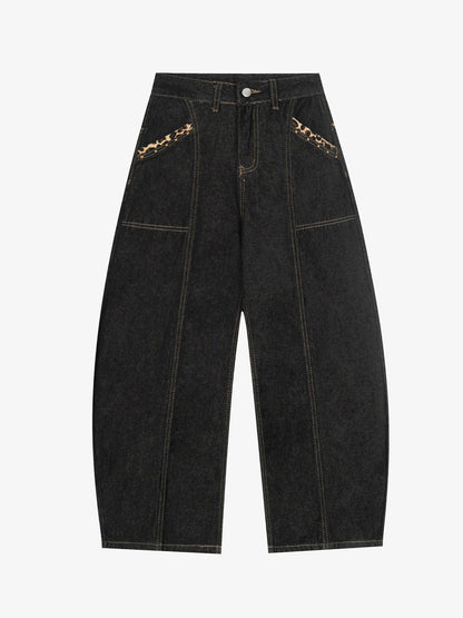 Denim Wide-Leg Trousers with Leopard Patch Detailing?