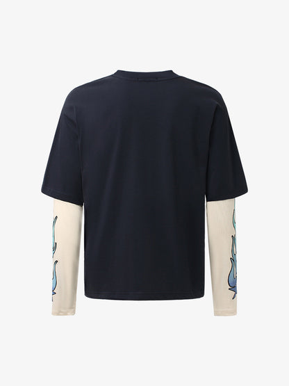 Gradient Letter Print Patchwork Faux Two-Piece Long-Sleeved T-Shirt