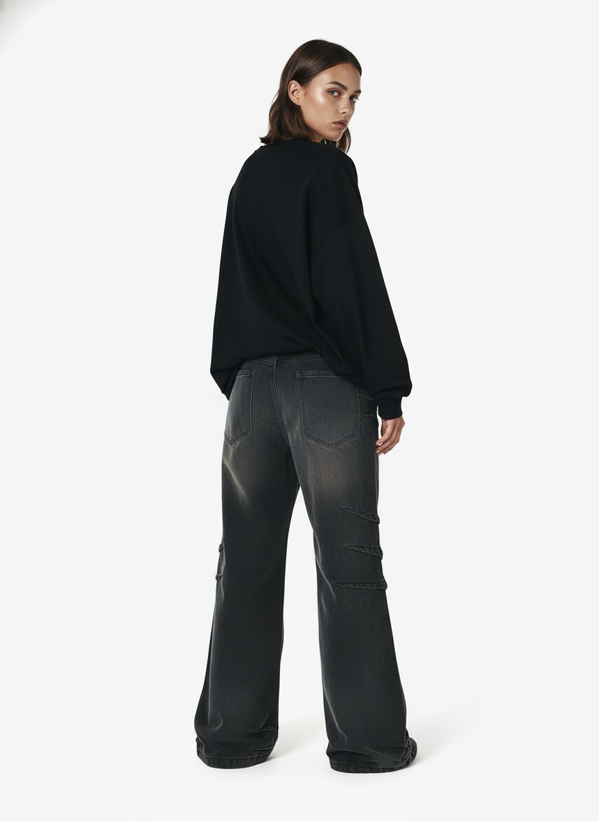 Washed Pleated Straight Jeans - 2263