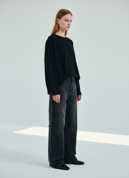 Washed Pleated Straight Jeans - 2263