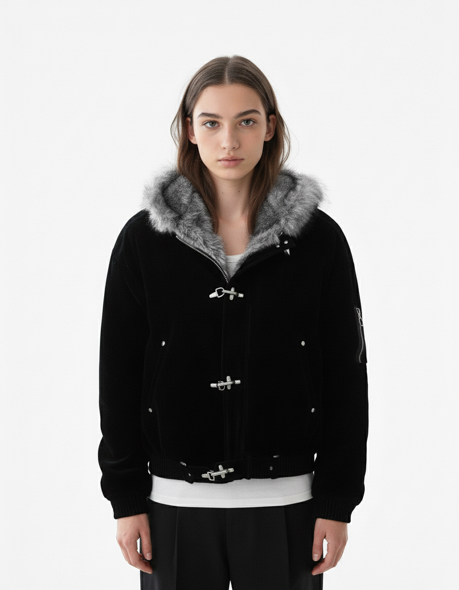Fur Collar Suede Toggle Closure Padded Bomber Jacket