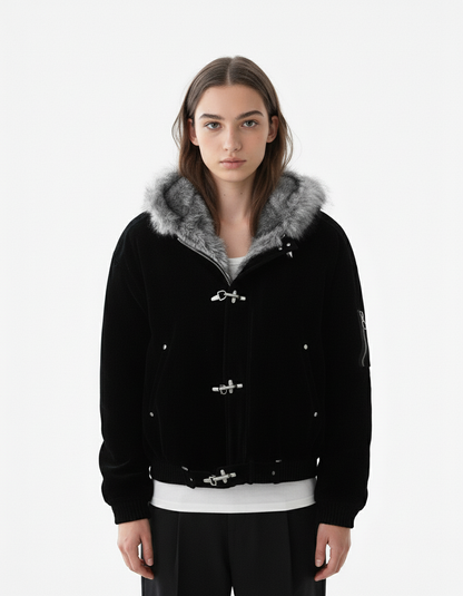 Fur Collar Suede Toggle Closure Padded Bomber Jacket