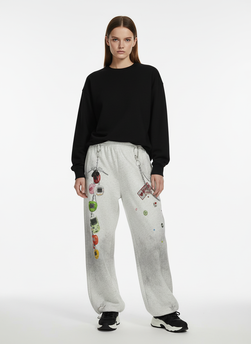Retro Washed Creative Printed Barrel Pants