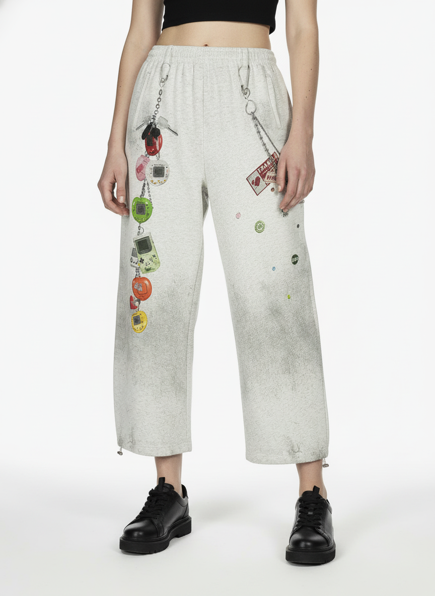 Retro Washed Creative Printed Barrel Pants