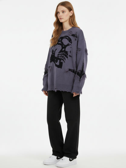 Hip-Hop Dark Skull Frayed-Edge Knit Sweater