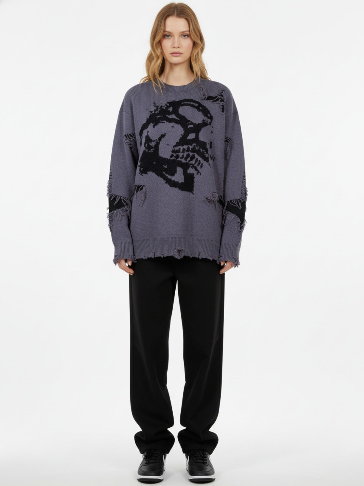 Hip-Hop Dark Skull Frayed-Edge Knit Sweater