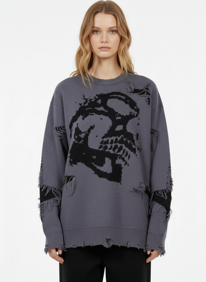 Hip-Hop Dark Skull Frayed-Edge Knit Sweater