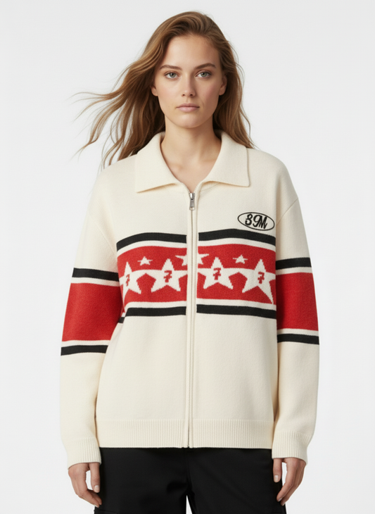 Retro Star Stripe Zip Up Cardigan Sweater