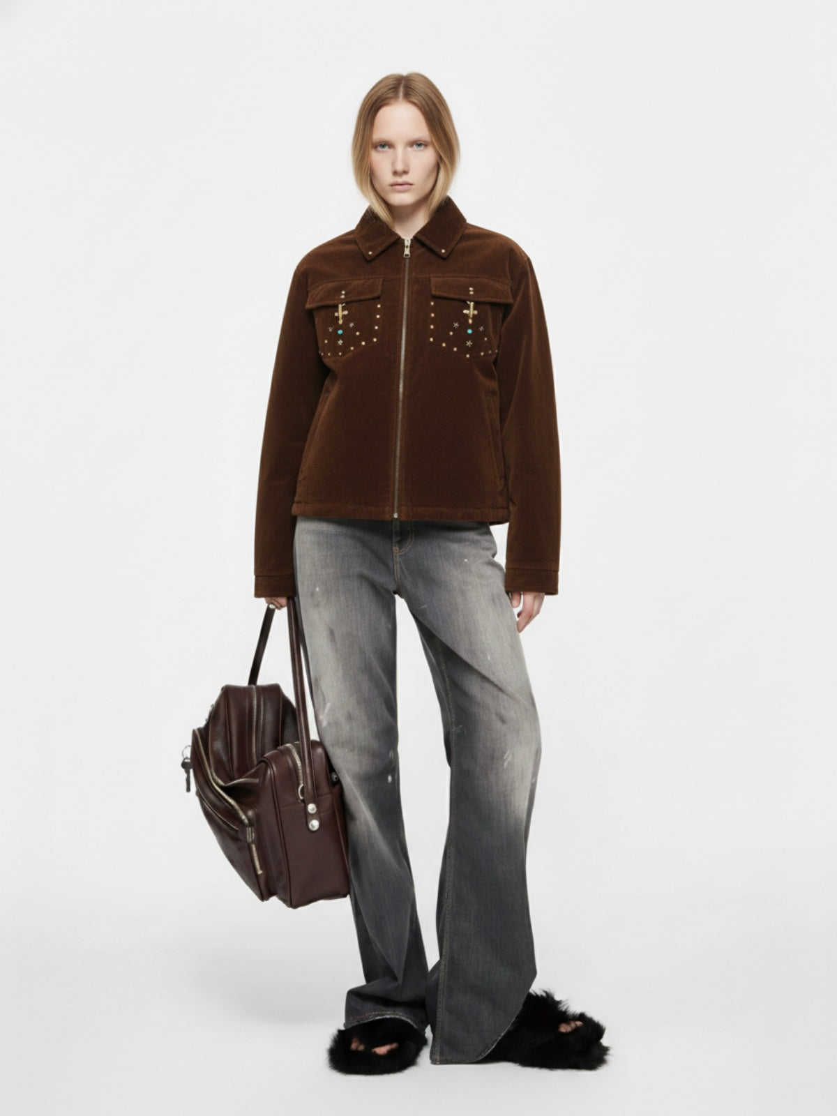 Retro Studded Suede Padded Winter Jacket