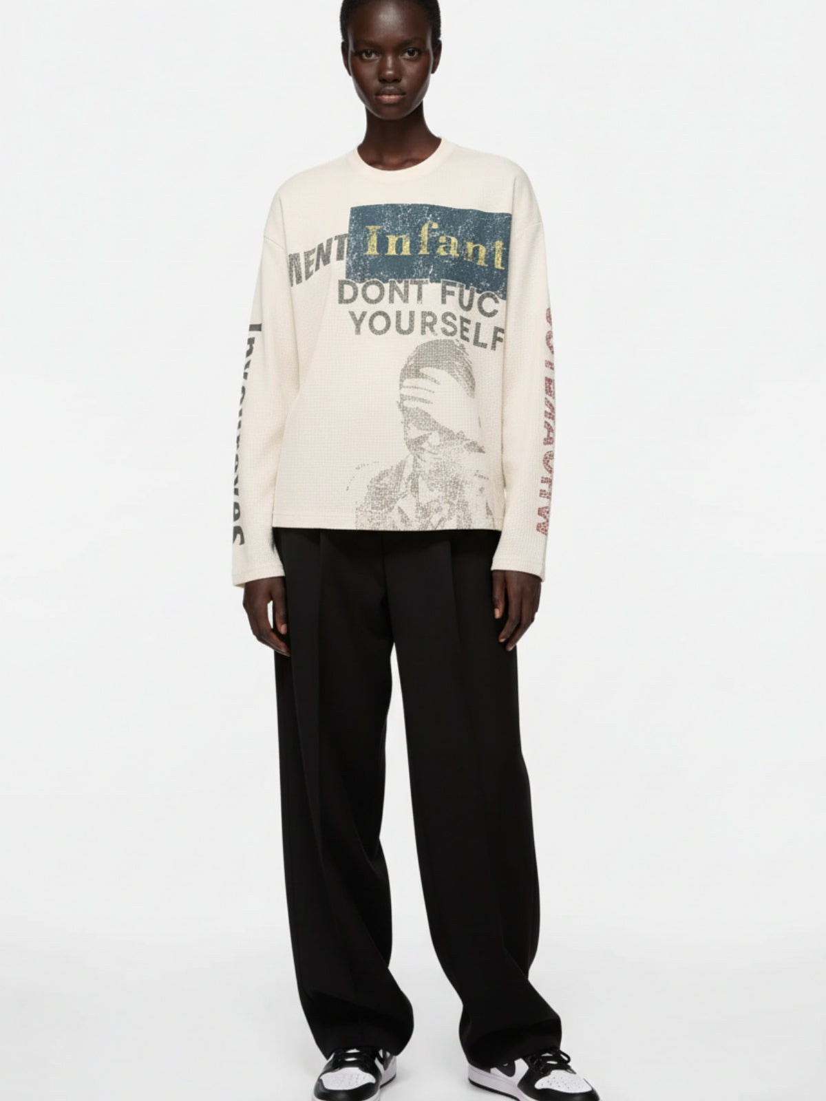 Waffle Knit Graphic Print Crewneck Sweatshirt - 2496