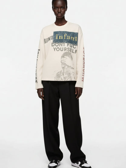 Waffle Knit Graphic Print Crewneck Sweatshirt - 2496