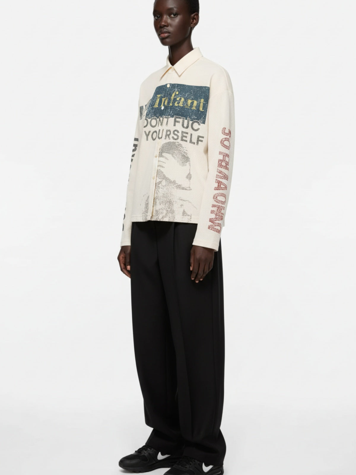 Waffle Knit Graphic Print Crewneck Sweatshirt - 2496