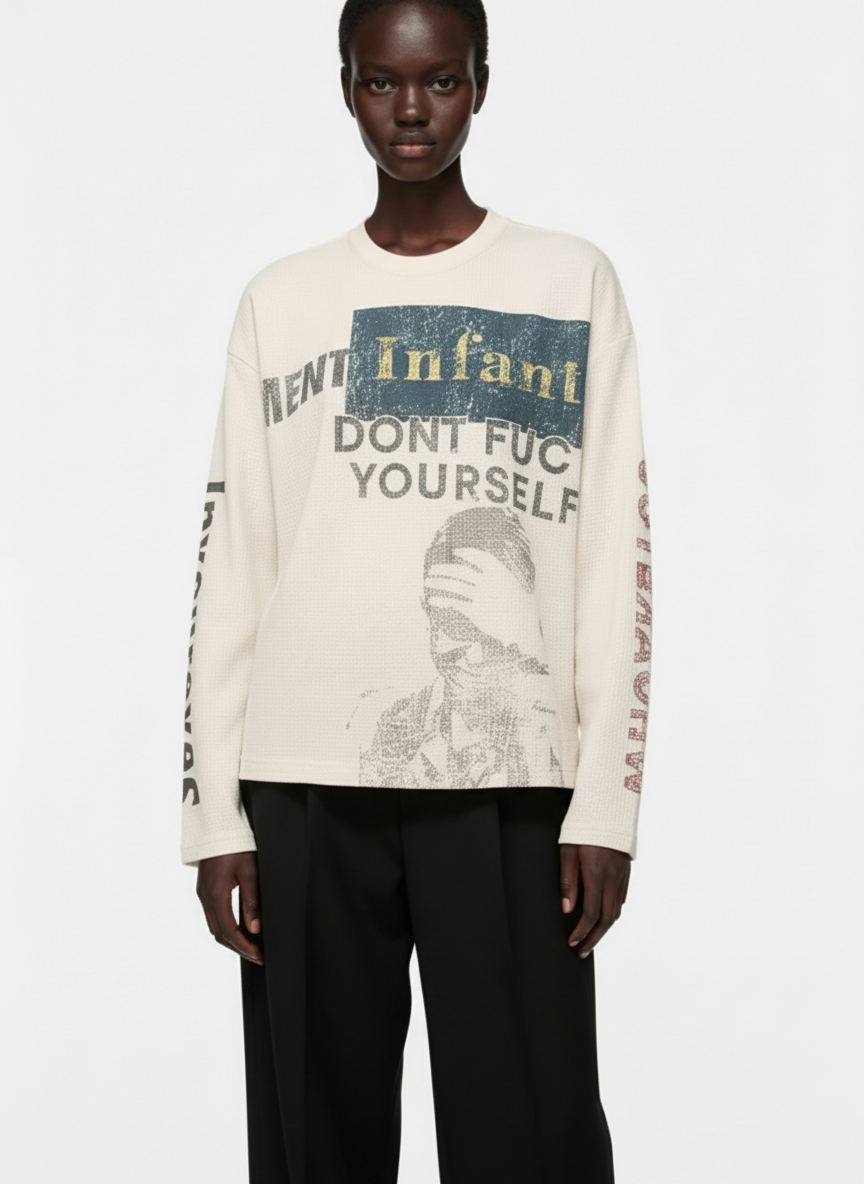 Waffle Knit Graphic Print Crewneck Sweatshirt - 2496