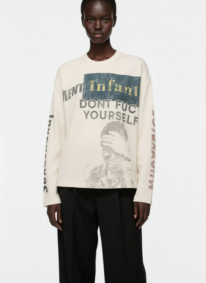 Waffle Knit Graphic Print Crewneck Sweatshirt - 2496