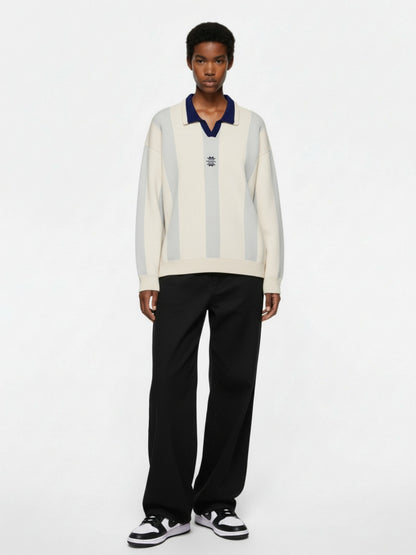 Vertical Striped Colorblock Lapel Sweater