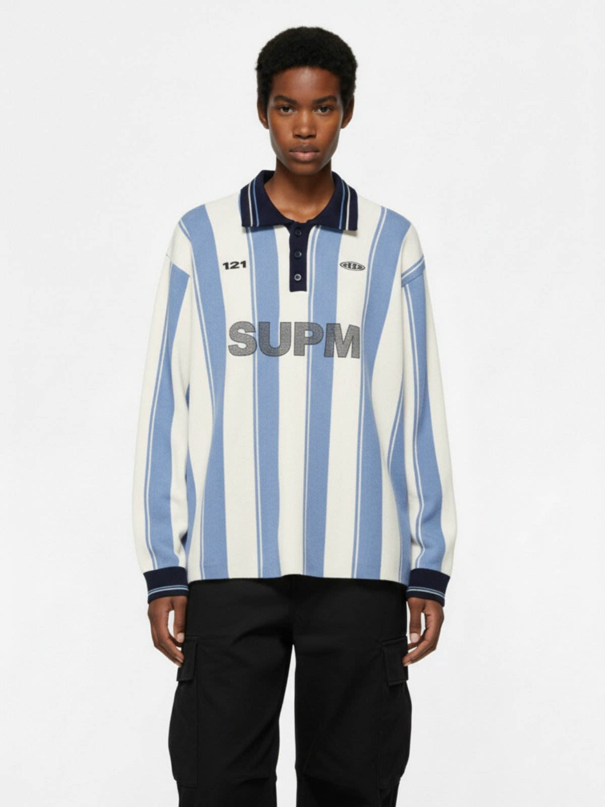 Retro Striped Polo Collar Sports Jersey Knit Sweater