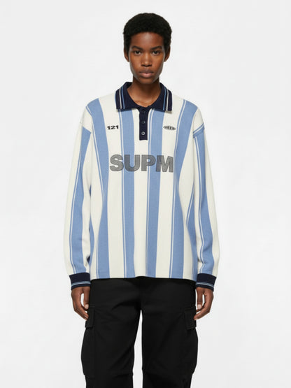 Retro Striped Polo Collar Sports Jersey Knit Sweater
