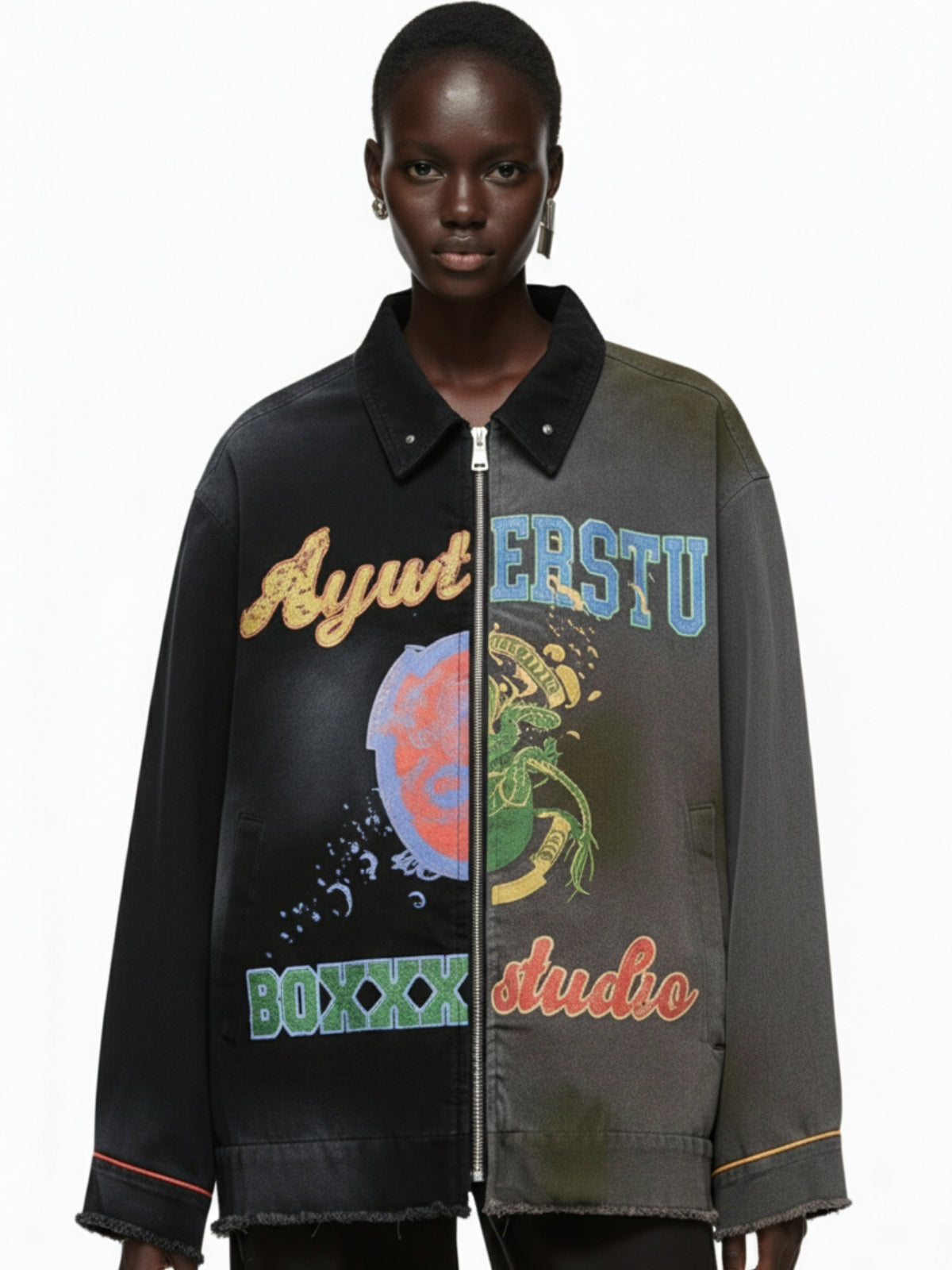 Contrast Color Spliced Graffiti Zip Up Jacket