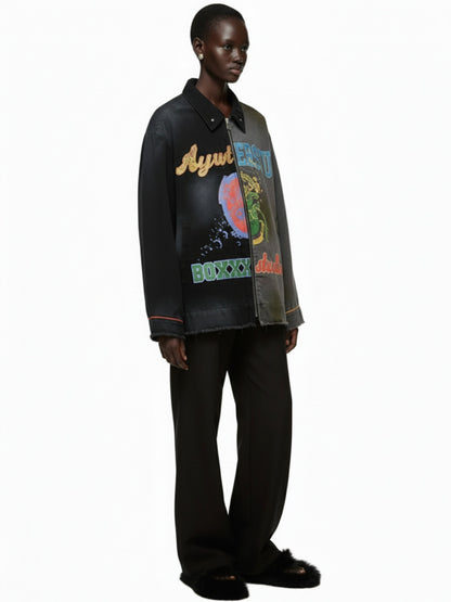 Contrast Color Spliced Graffiti Zip Up Jacket