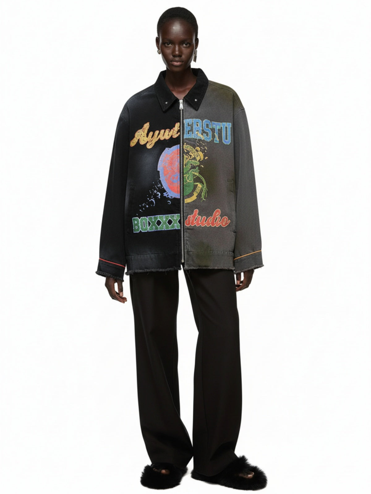 Contrast Color Spliced Graffiti Zip Up Jacket