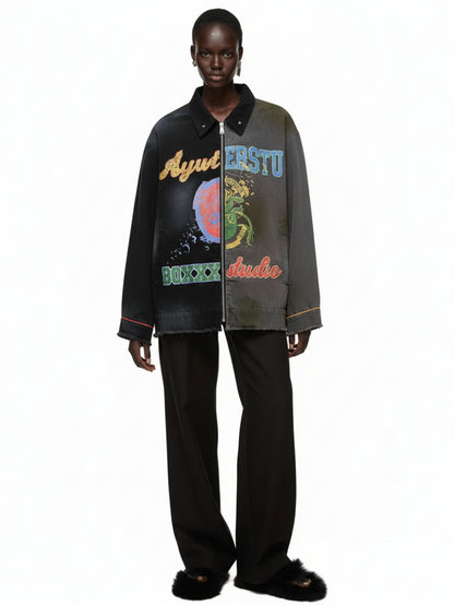 Contrast Color Spliced Graffiti Zip Up Jacket