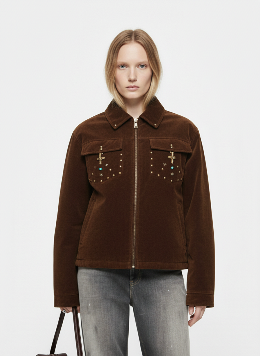 Retro Studded Suede Padded Winter Jacket