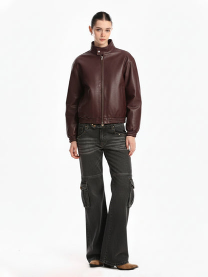 Retro Leather Stand-Collar Elastic Hem Jacket