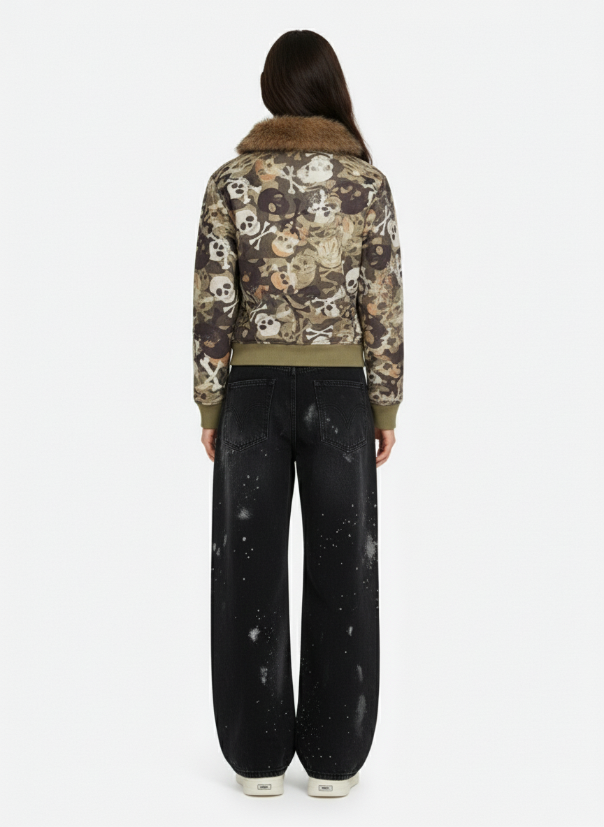 Skull Camouflage Fur Collar Hot Diamond Hooded Jacket - 2507