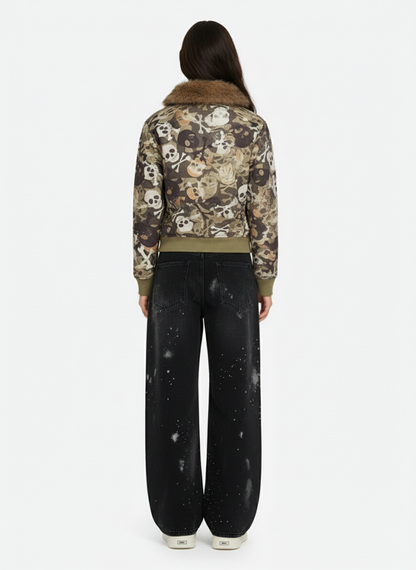 Skull Camouflage Fur Collar Hot Diamond Hooded Jacket - 2507