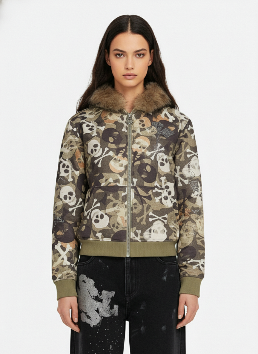 Skull Camouflage Fur Collar Hot Diamond Hooded Jacket - 2507