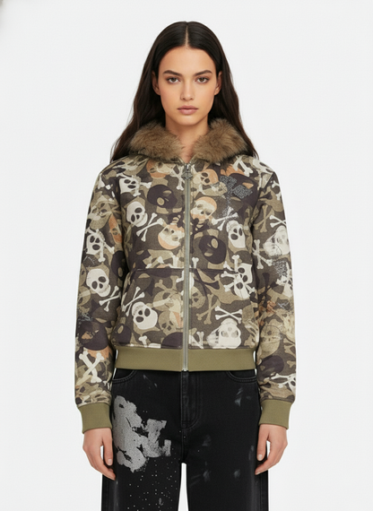 Skull Camouflage Fur Collar Hot Diamond Hooded Jacket - 2507