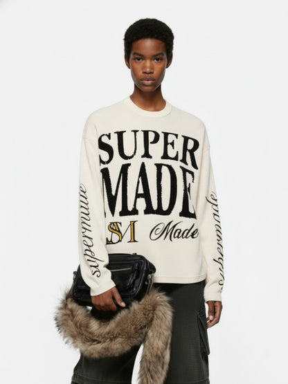 Retro Letter Print Waffle Simplicity Long-Sleeved T-Shirt